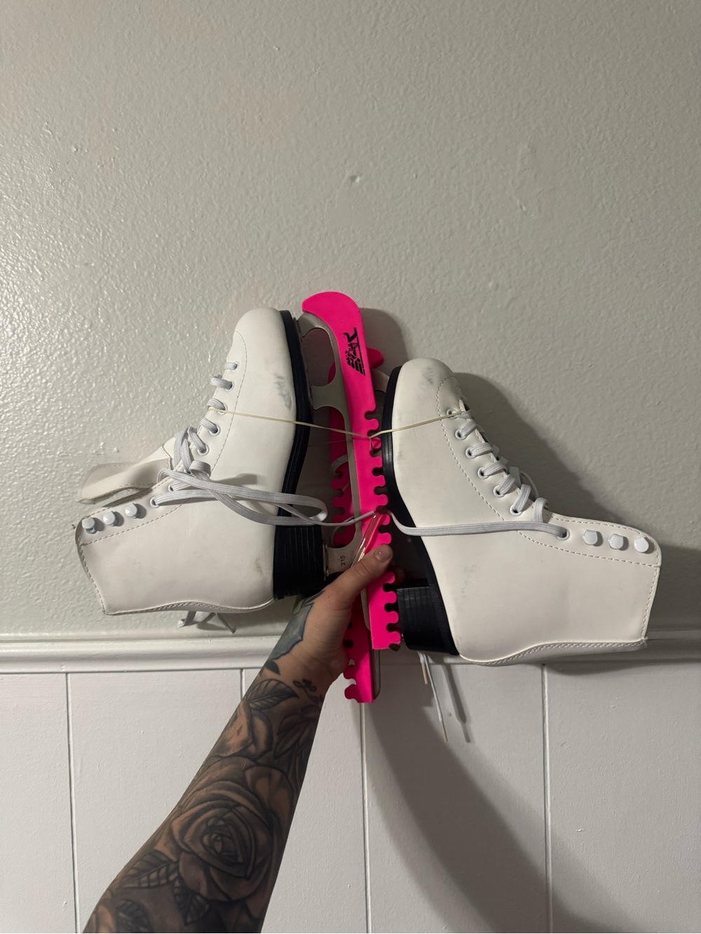 White Figure Skates with Pink Blade Guards